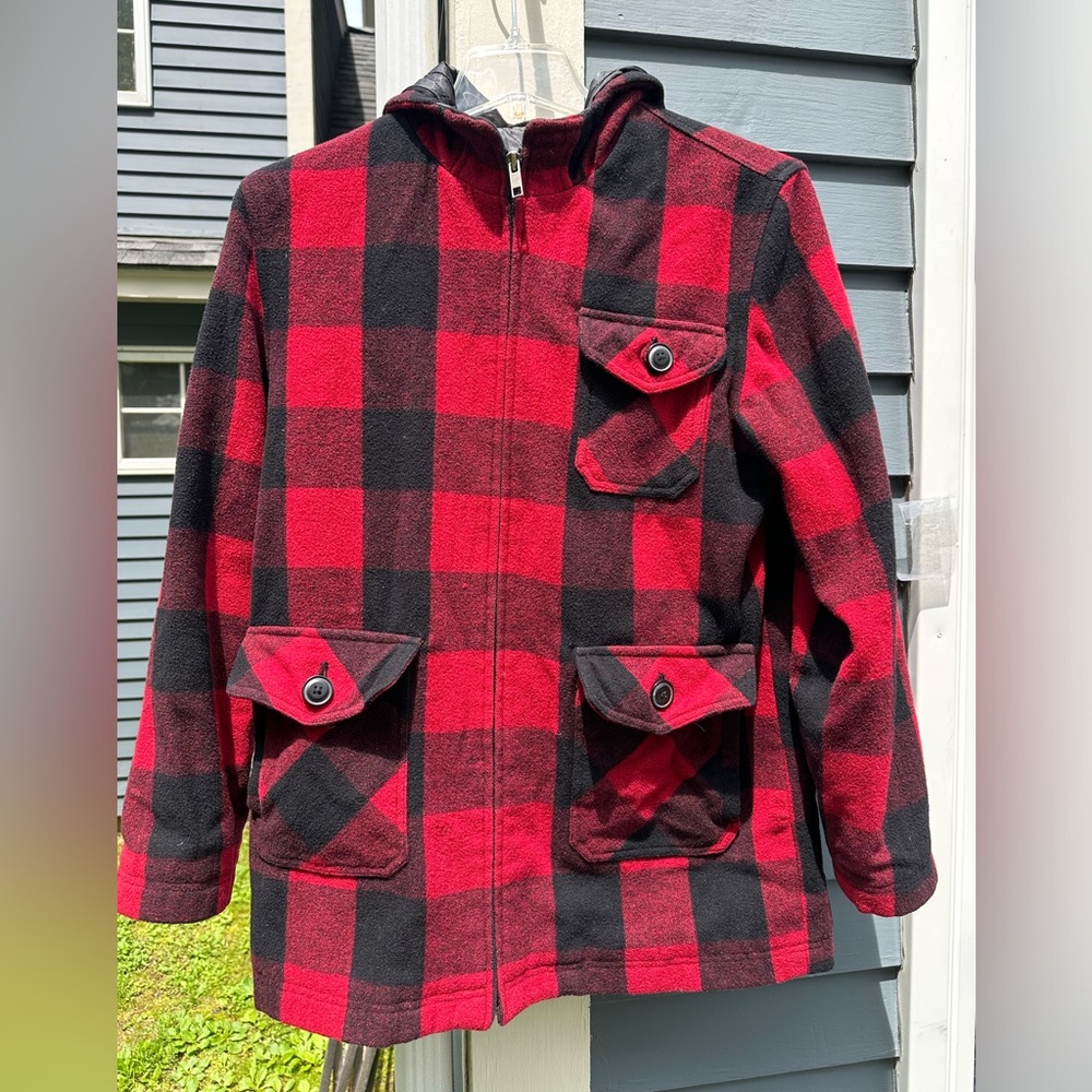 Women’s Small Red & Black Lumberjack jacket with hood! Lined wool.